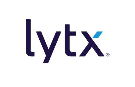 A blue and white logo of lytx