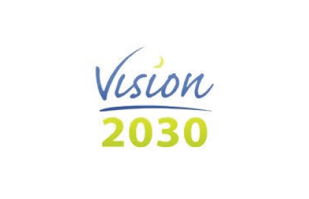A logo of the word vision 2 0 3 0