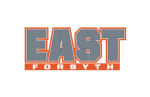 A picture of the word east in grey and orange.
