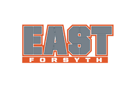 A picture of the word east in grey and orange.