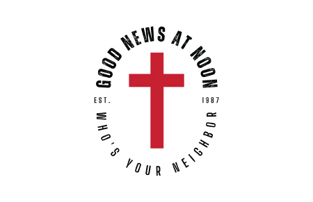 A red cross with the words " good news at noon " underneath it.