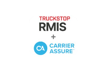 A carrier assure logo and a truck with the words " truckstop rmis " on it.